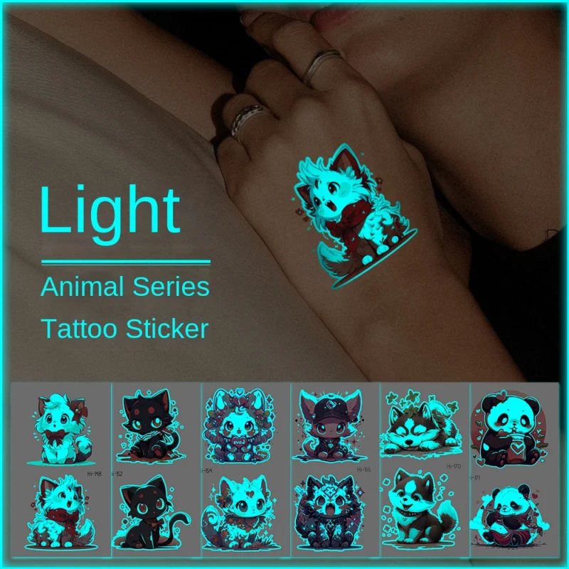 

6 pcs New Blue Color Luminous Tattoo Stickers Cute Animal Dogs and Cats Cute Pet Stickers Electronic Music Festival Cross-Border