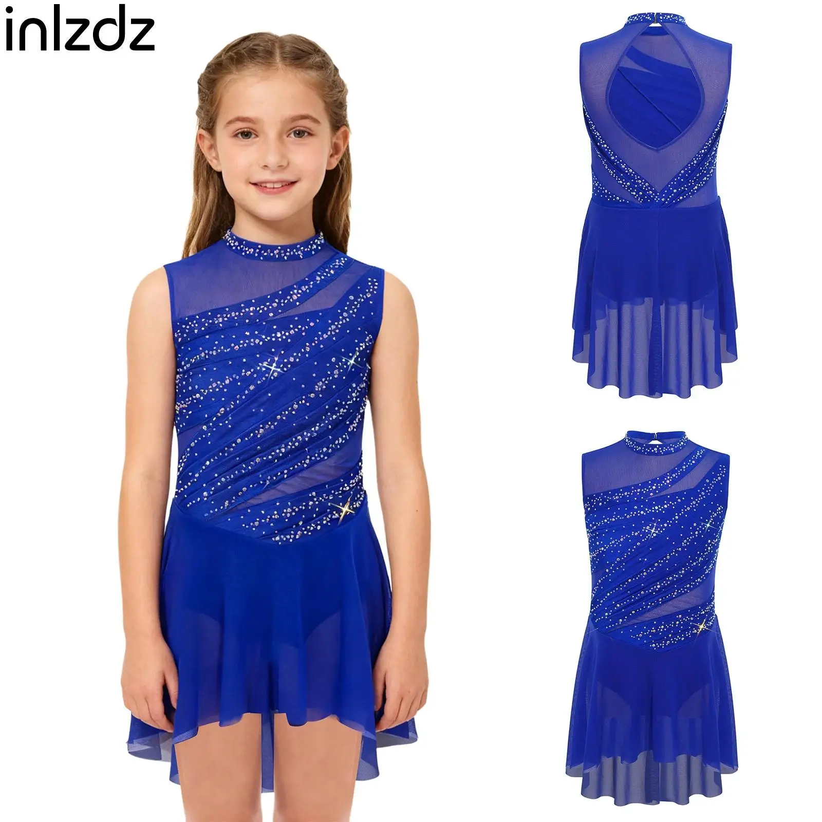 

Girls Ballet Tutu Dress Lyrical Modern Dance Dress Sleeveless Shiny Rhinestone Ruched Leotard Dress for Dance Party Performance