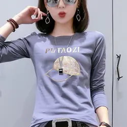 Women's Clothing Long Sleeve Geometric Letter Printing Sequined Round Neck Casual T-shirt Spring Autumn Pullover All-match Tops