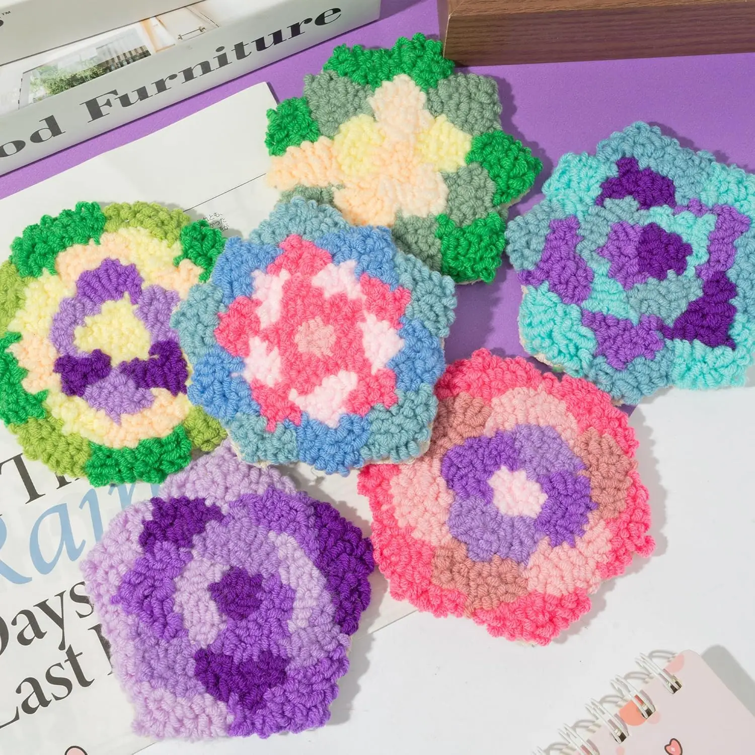 

SDOYUNO Punch Needle Coaster Kit 6Pcs Easy Art Work Decor Craft Supply for Beginners DIY Set of 6 Plants Pattern Tufted Rug Pads