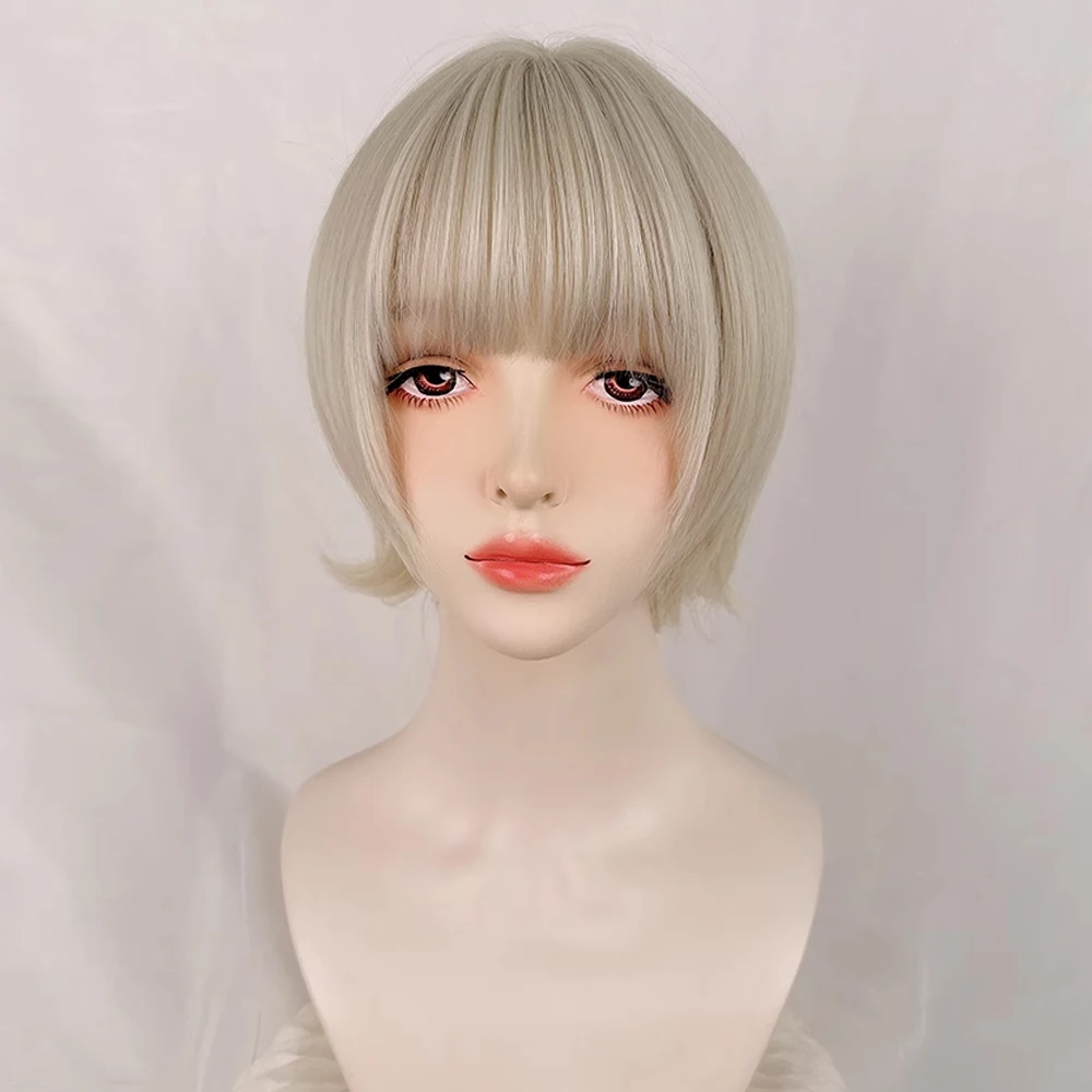 앞머리가 있는 짧은 금발 스트레이트 합성 가발, 푹신한 로리타 코스프레 가발, 데일리 파티용 내열성
