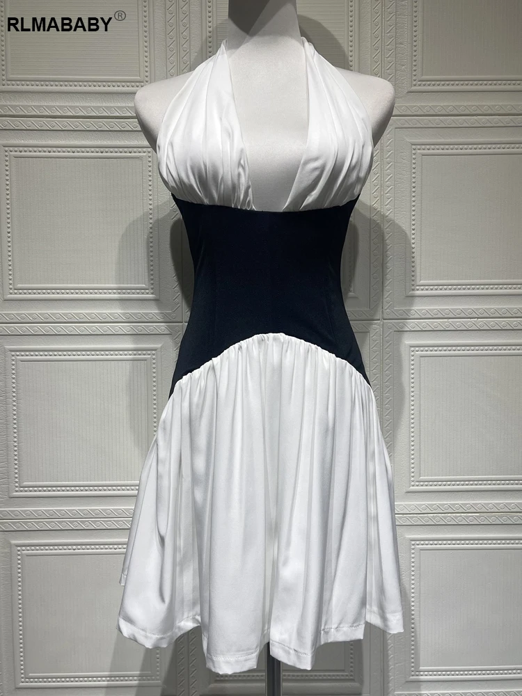 RLMABABY Sexy Backless Black White Spliced Women Bodycon Mini Dress Women Gown Deep V Neck Halter High Waist Party Short Dress