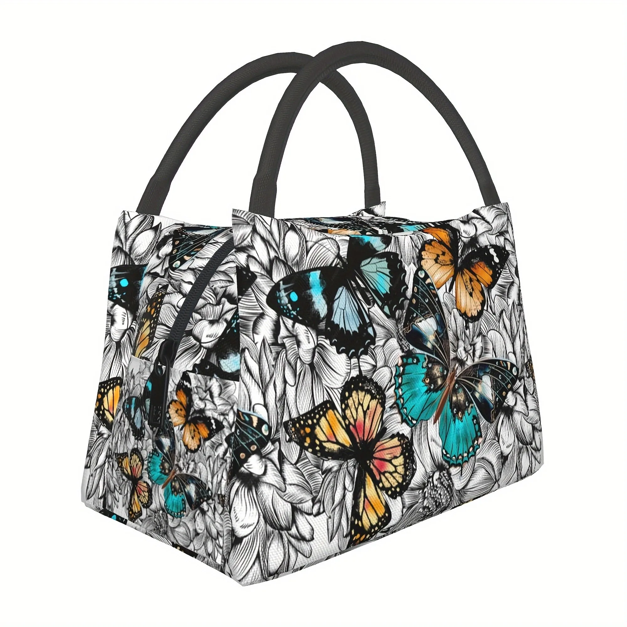 Butterfly Floral Print Insulated Lunch Bag Durable Polyester Oxford Cooler Tote for School Travel