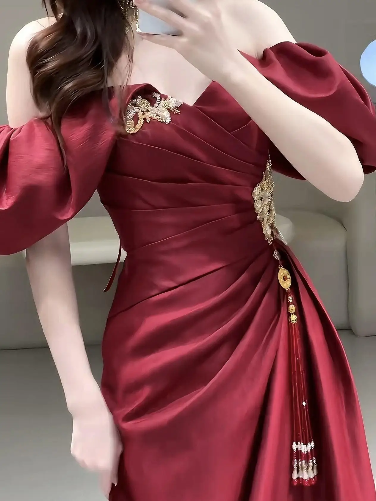 

New Chinese Sle One oulder Wedding Dr Evening Gown Engagement Dinner Ceremony Skirt for Women Ele Luxury Sensation