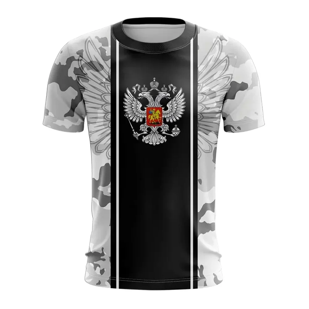 2026 New Men Russia 3D Fierce Eagle Print T-shirt Classic Stripe Letter Printed Short Sleeve Tees Street Casual Graphic Tops