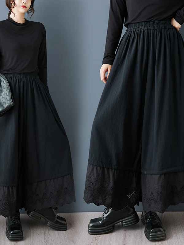 Retro Black Wide Leg Pants with Lace Hem And Belted Design Comfortable Cotton Casual Trousers for Women Breathable Skin-Friendly