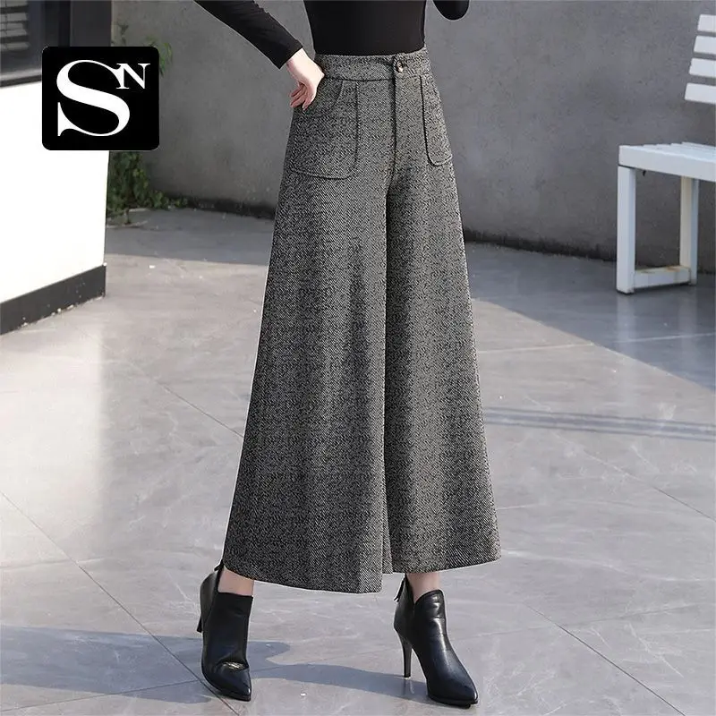 Clearance Thick Woolen Pants Women in Autumn and Winter High Waisted and Slimming Big Foot Small and Loose Casual Wide Leg Pants