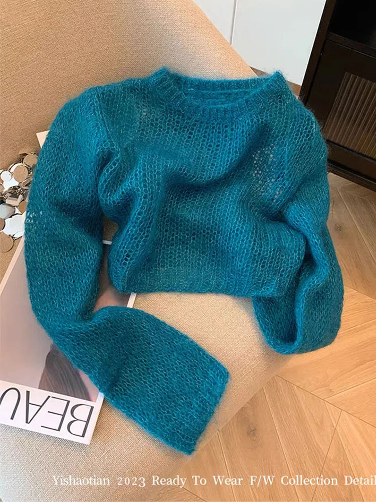 Harajuku Simple Knitted Sweater Women Long Sleeve Blue Pullovers Autumn Winter Korean Loose O-Neck Classical Jumper High Street