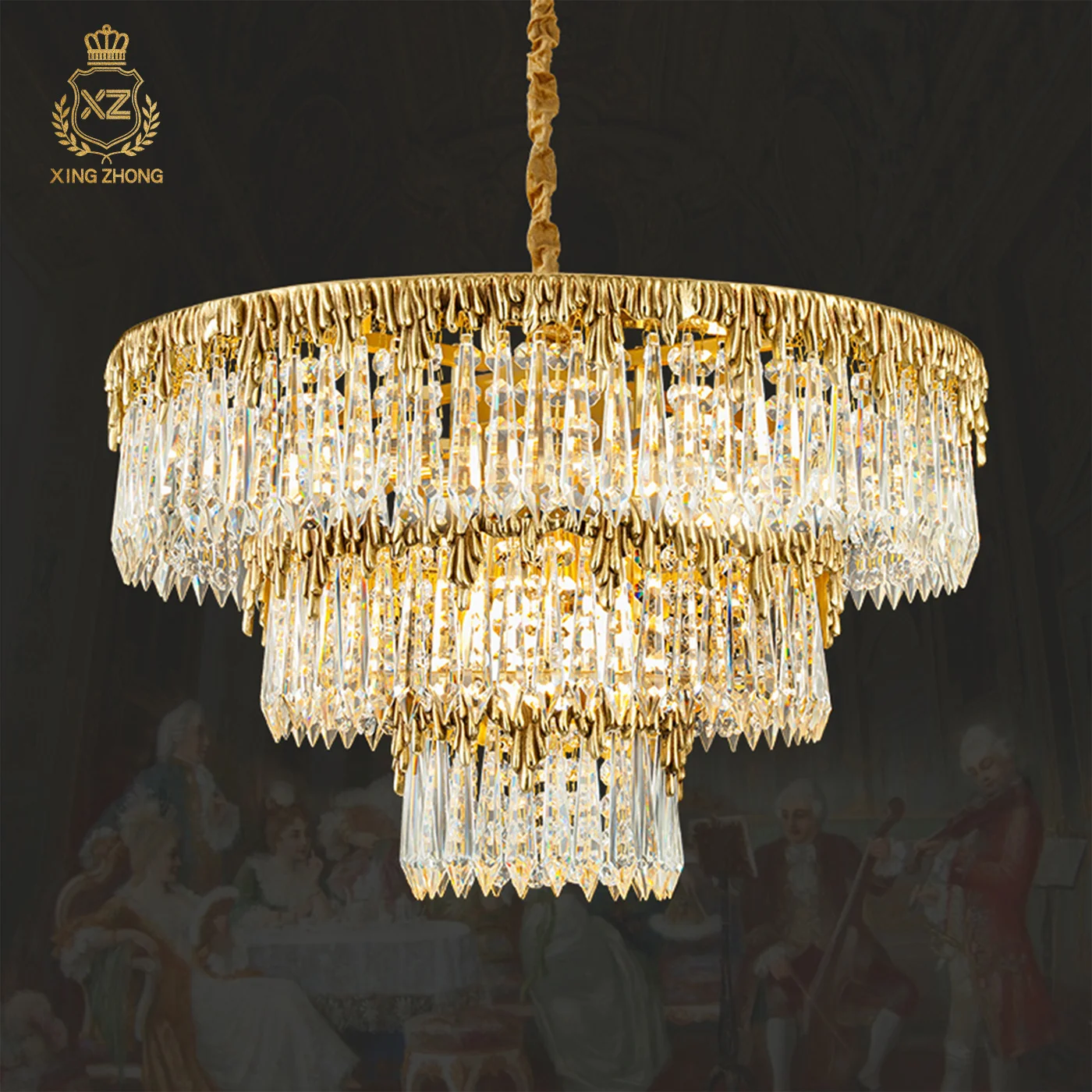 

European Mid Century Luxury Crystal Decor Living Room Dining Room Pendant Light Hotel Lobby Banquet Hall Copper Pendant Lamp