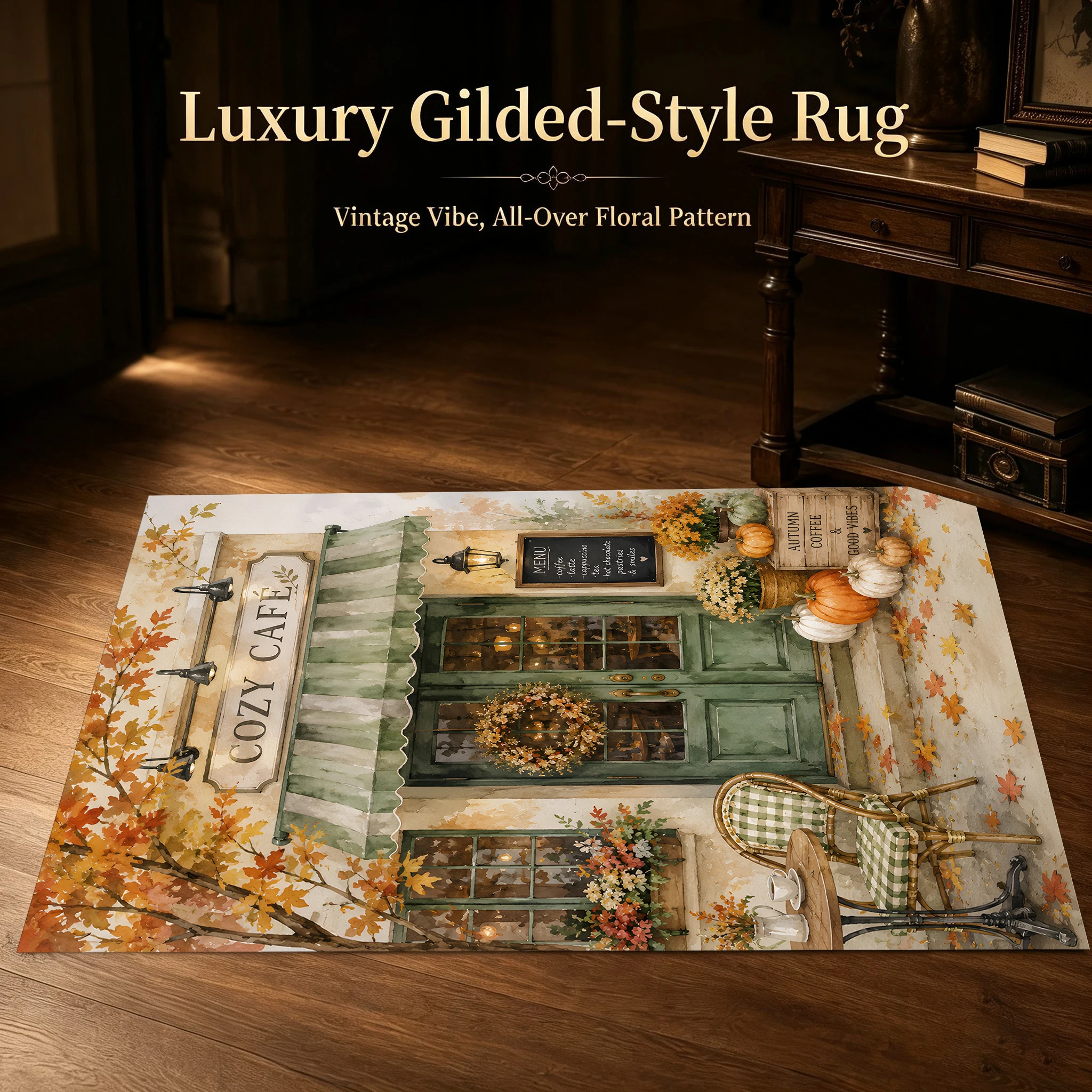 Velvet Rug Autumn Pumpkin Leaf Cozy Cafe Slogan American Retro for Entryway Living Room Home Decor