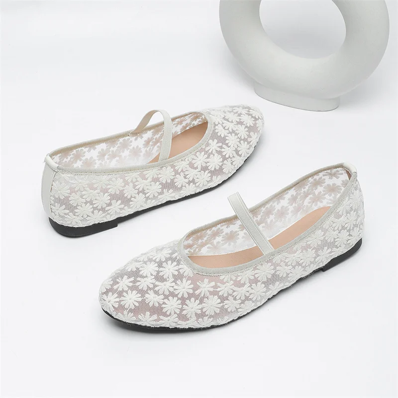 IPPEUM Malha Ballet Flats Mulheres Dedo Do Pé Redondo Branco Plus Size 43 Bailarinas Zapatos Mujer