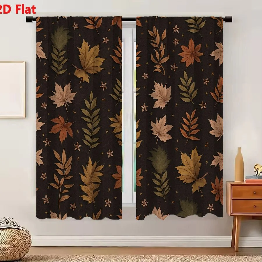 2Pcs Curtains 2D Flat Autumn Leaves Seamless Pattern With Maple Ferns And Flowers On Chocolate Brown Background Window Drapes fo