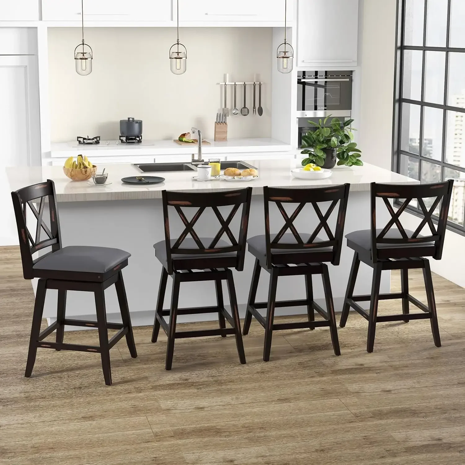 Bar Stool Set of 4 for Kitchen Island25" CounterHeight ChairwithErgonomicBackrestWaterproof PVC Surface & Solid Wood Structure,