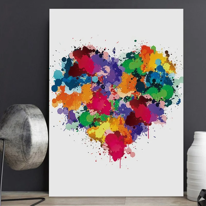 1 toile encadrée abstraite et colorée en forme de cœur, impression sur toile premium inspirée de l'aquarelle moderne, décoration pour salon ou bureau