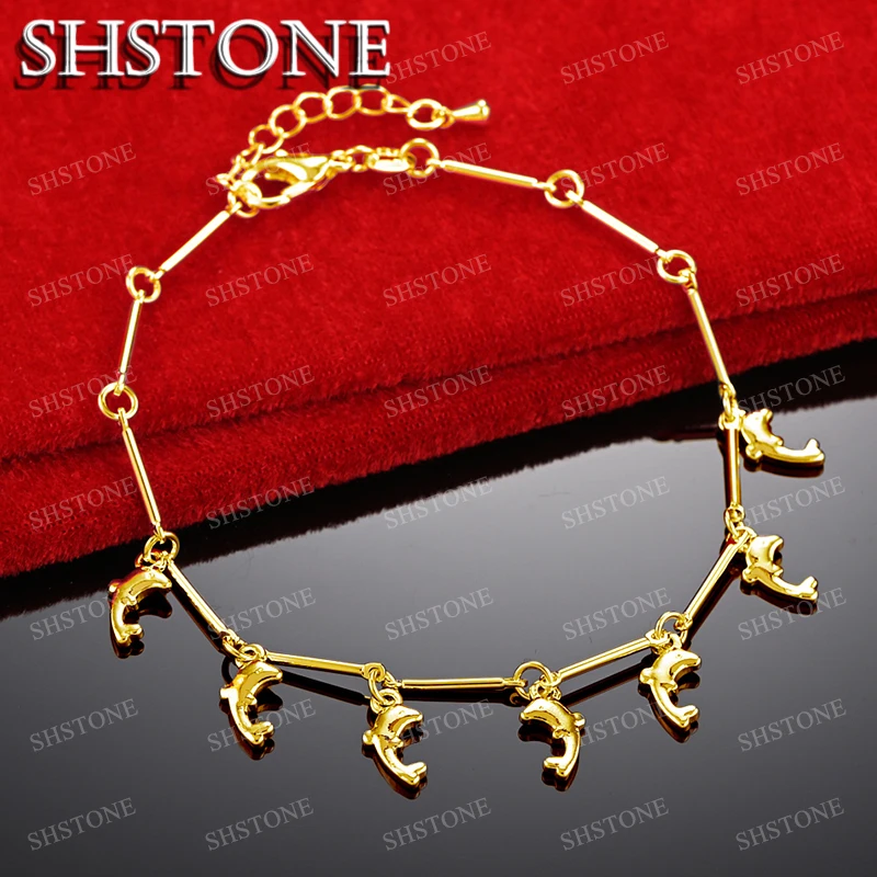 SHSTONE 18K Gold Little Dolphin Bracelet For Woman Fashion Jewelry Lady Cute Hand Chain Wedding Party Birthday Bangles Gifts