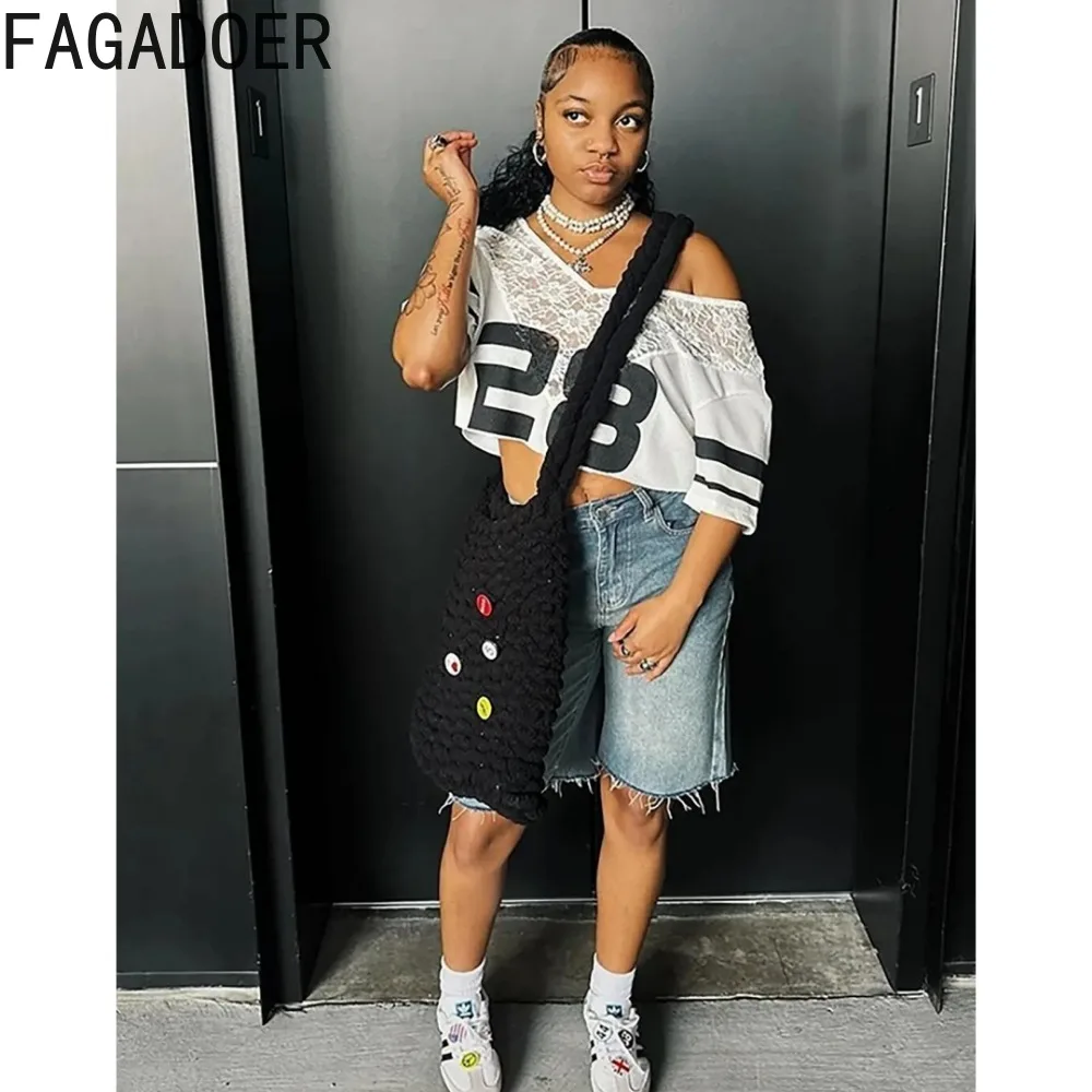 FAGADOER Printed Letter V-neck Lace Patchwork Basketball T-shirt Women Sexy Hot girl Exposed Navel Loose Short Sleeve Casual Top