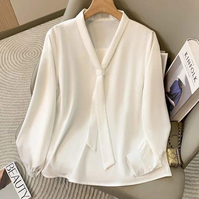 

2025 Spring Autumn Fashion Long Sleeves Tops Women's Elegant Butterfly Knot V-neck Blouse Solid Thin Chiffon Plus Size Shirt