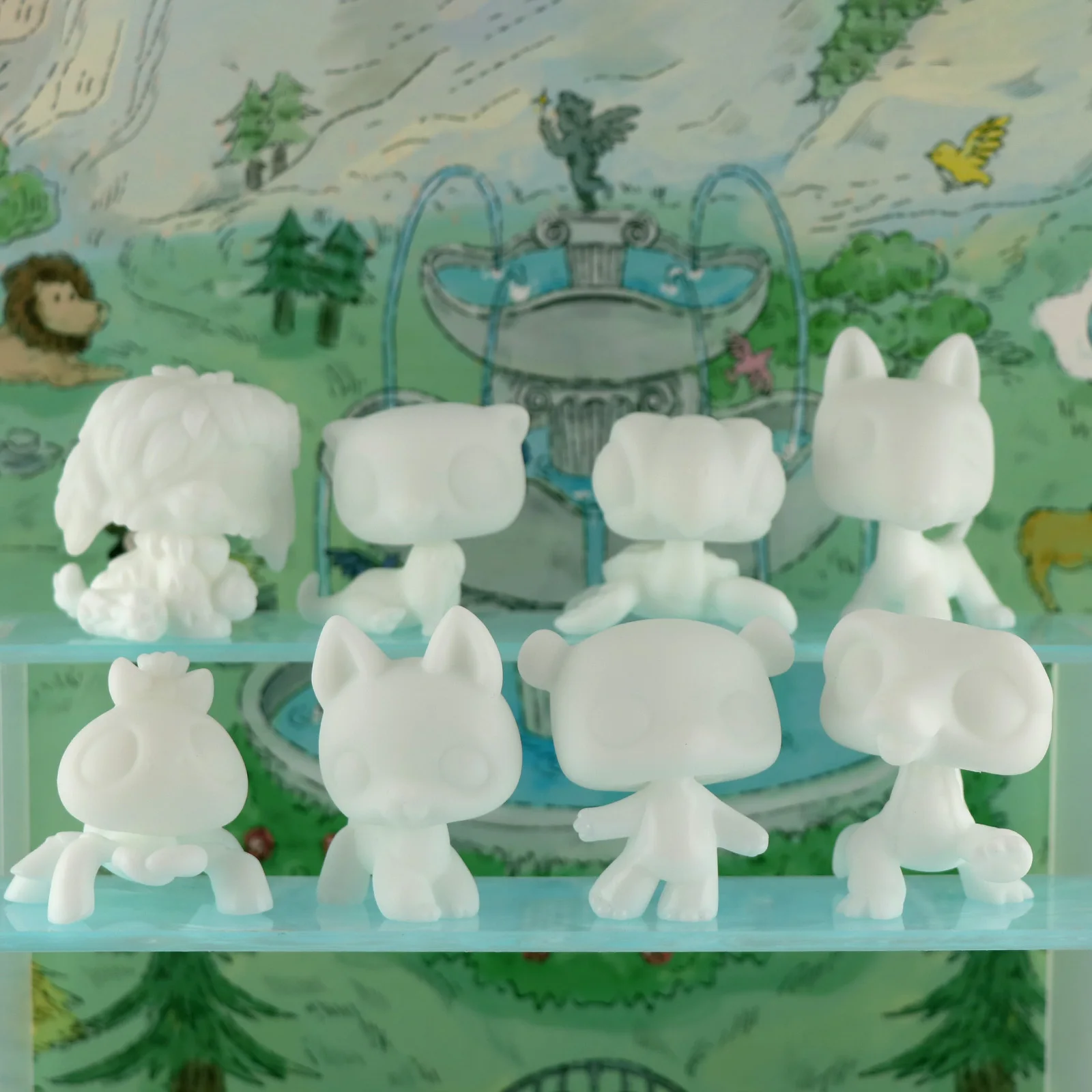 Biała baza LPS Minilpsshop do malowania figurek zwierząt: krokodyl, pająk, owczarek niemiecki, żółw, panda, bullterier i owczarek szkocki DIY