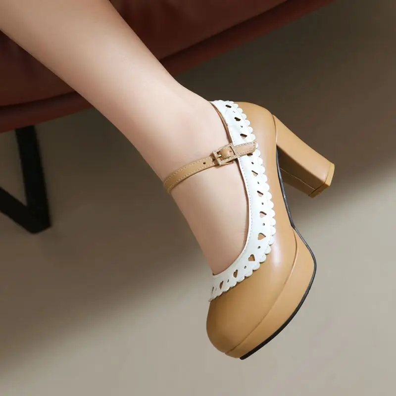 REAVE CAT Sweet Girls Pumps Round Toe Block Heels 7.5cm Platform Buckle Strap Mixed Color Big Size 44 45 Janes Dating Shoes