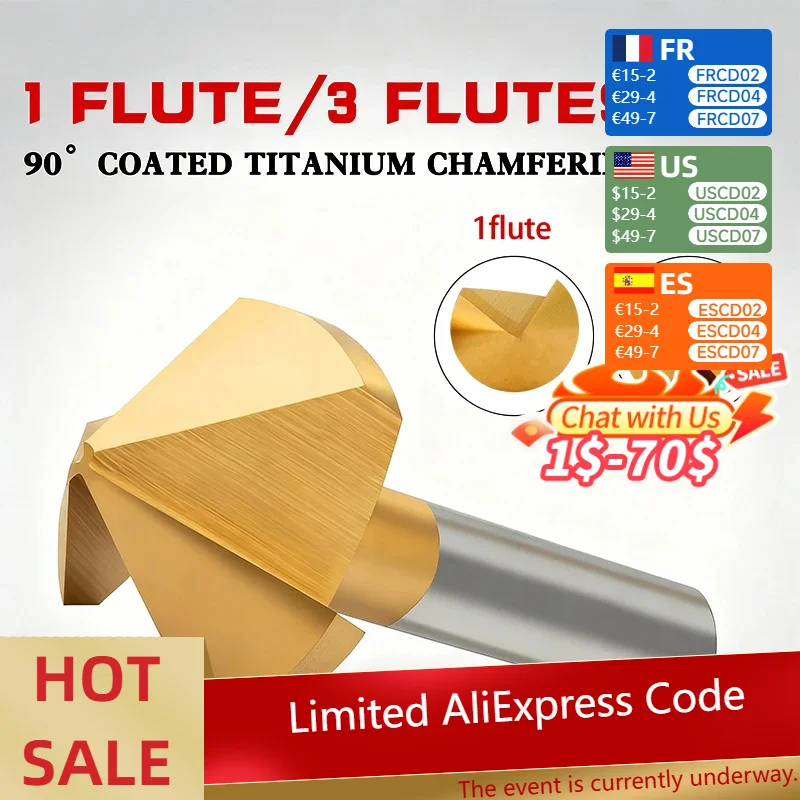 HSS avec couteau à chanfreiner au Cobalt plaqué titane 90 degrés chanfrein d'ébavurage de trou de fraise à trois cannelures à un seul bord