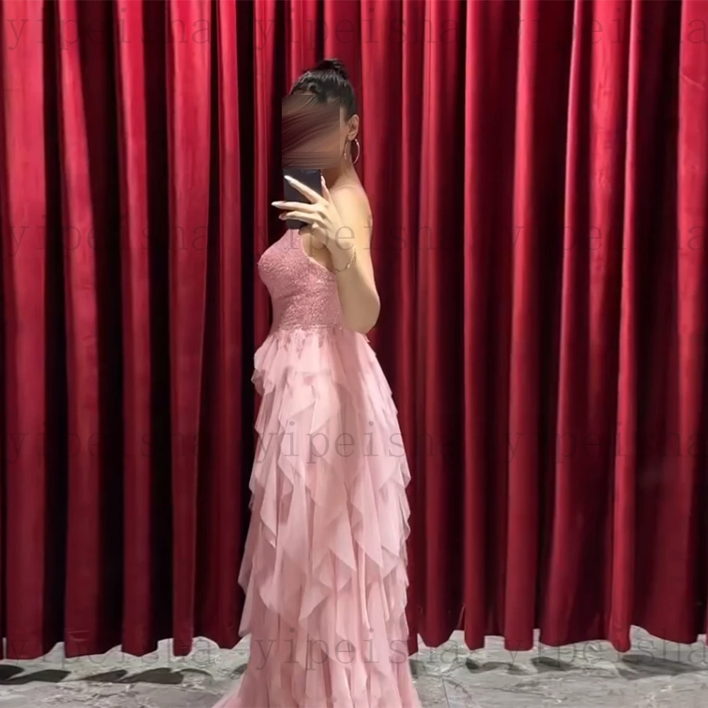 Maßgeschneiderte sexy Abendkleider mit tiefem V-Ausschnitt, rückenfrei, gestufte Rüschen, Pailletten, Perlenstickerei, Abendkleid, langes A-Linien-Geburtstagspartykleid