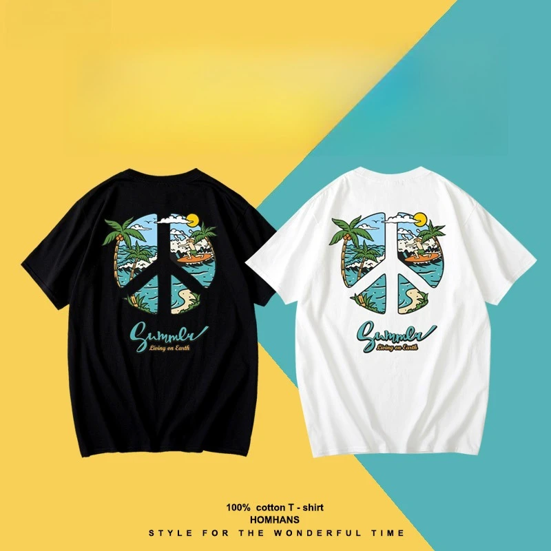 

American-style, unique and creative beach scenery, short-sleeved outdoor travel, beautiful summer T-shirts, pure cotton loose,