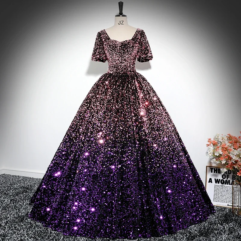 

Flower Girl Dress Wedding Dress First Christmas Dress Party Dress Purple Ombre Sequin Short Sleeve Princess Kids Formal Dress
