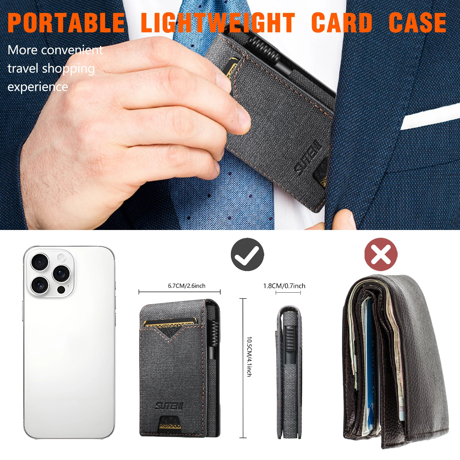 SUTENI Kunstleder für Herren, Geldbörse, Kartensteckplatz, Geldbörse, Flip-Cover, Kartenbox, drückt den Knopf automatisch die Karte aus – Detail 4