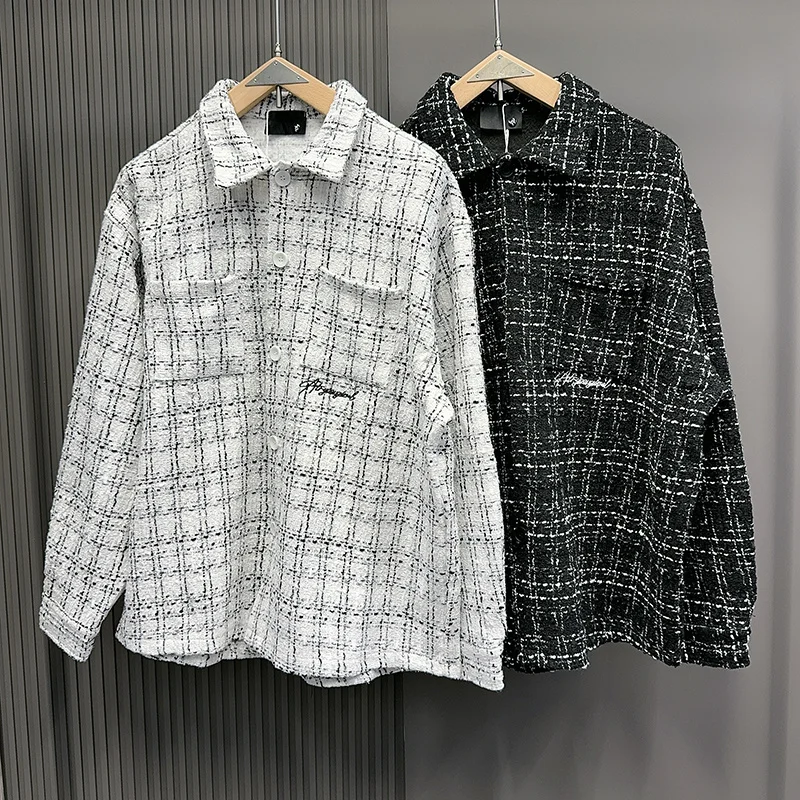 

Trendy Brand Plaid High Quality Embroidery Letters Loose Collar Shirt Men Women Autumn Spring Baggy V-shape Shirt Jacket Clothes