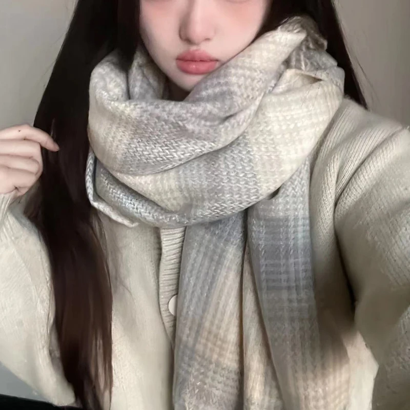 Gray Plaid Scarf For Women In Winter Korean Style Scarf Shawl For Outer Wear To Protect The Neck And Prevent Cold. 2024 New