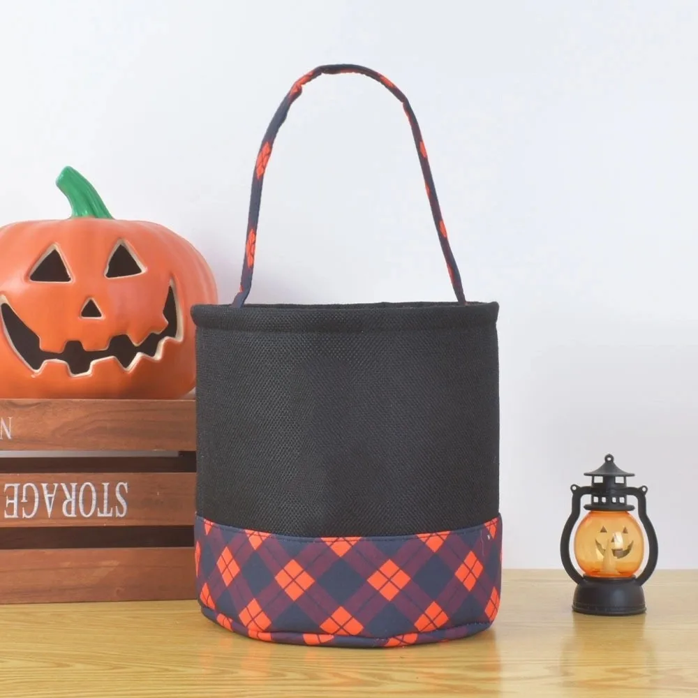 

Stylish Halloween Storage Basket Decorative Cartoon Linen Grid Basket Portable Hand-Held Basket Amusement Park Decoration
