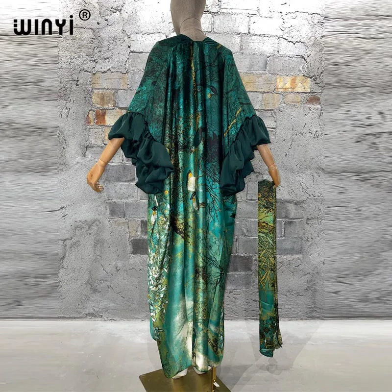 WINYI Fashion print Self Belted dress Women Elegant Summer holiday Bubble sleeve cardigan beach Wear Swim Suit cover up kimono