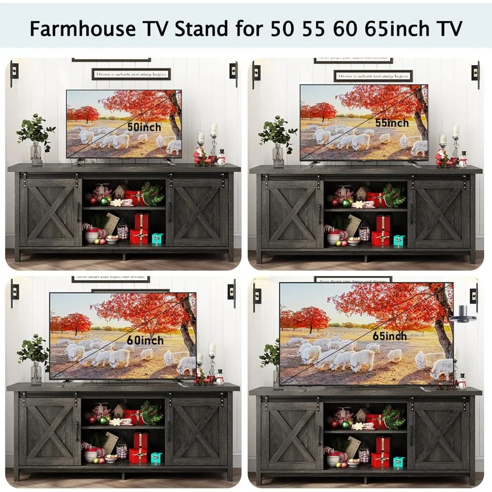 Porta TV rustico con 58 ante scorrevoli per fienile per TV 55-70 - Centro di intrattenimento in legno con ripiani regolabili