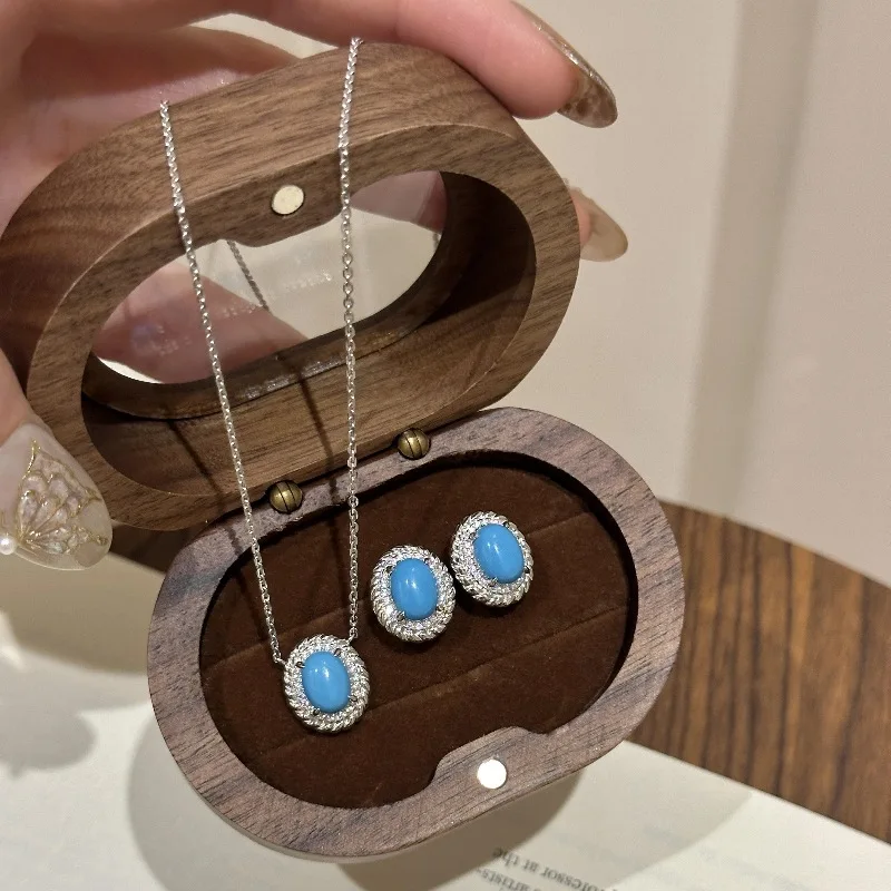 Luxury retro surround with oval turquoise earrings for women necklace silver 925 diamonds exquisite blue jewelry sets