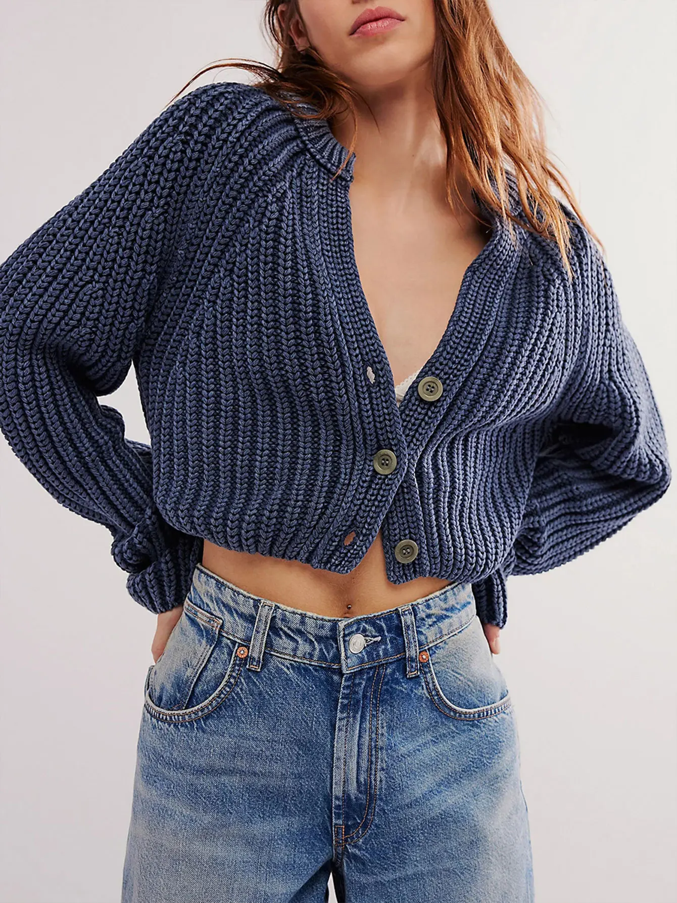 

Women's Long Sleeve V-Neck Cardigan Solid Color Button Front Casual Slim Fit Autumn Winter Elegant Decent Open Front Cardigan