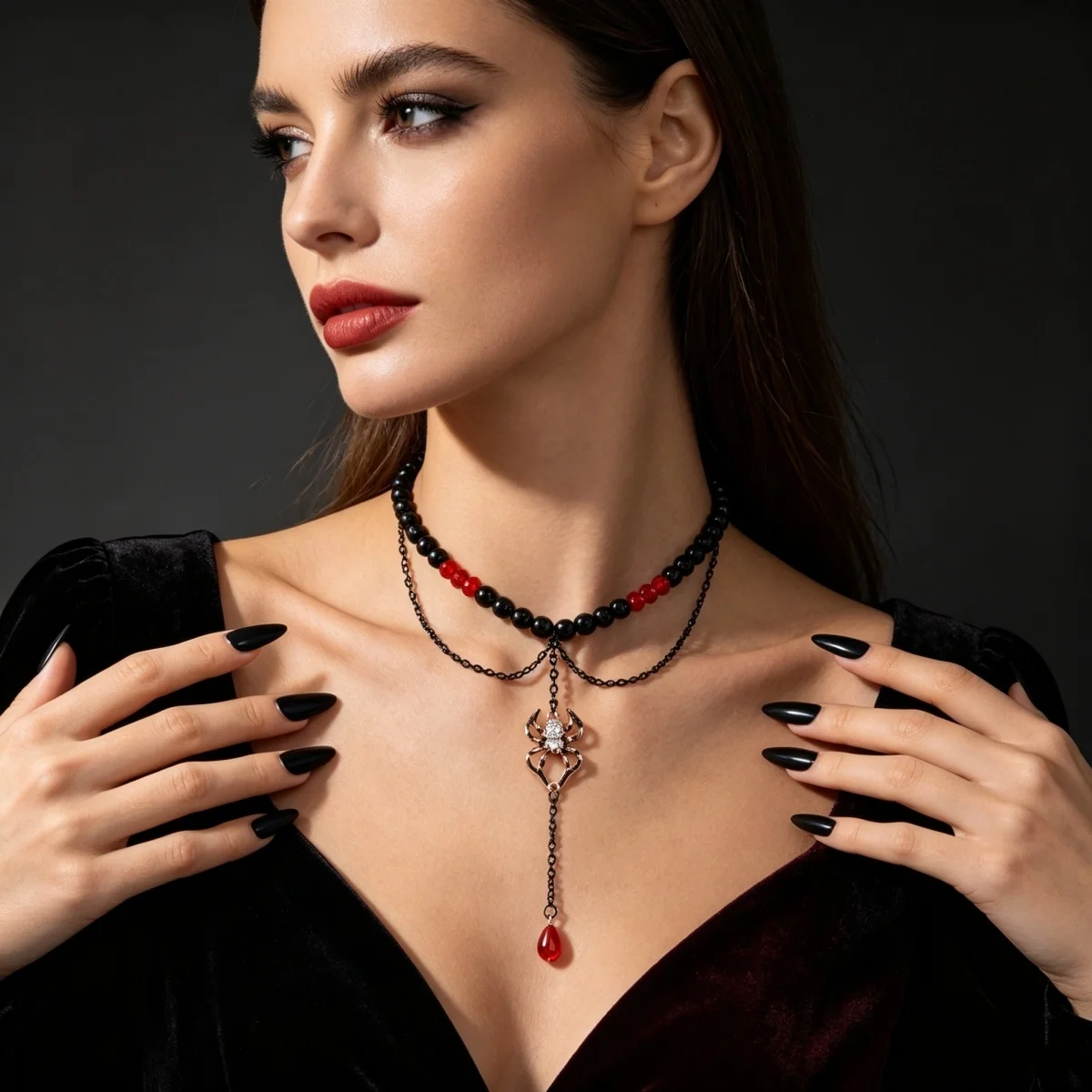 Gotische Cosplay-Halskette mit einzigartigen roten Kristallperlen und Quasten für Damen, Halloween-Fledermaus-Totenkopf-Kürbis-Choker, Punk-Party-Schmuck – Detail 7
