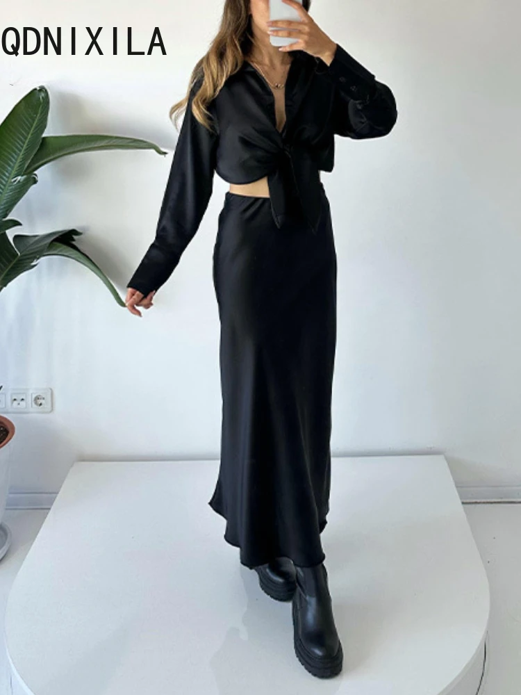 Oversized Women Skirt Sets Long Sleeve Shirts and Maxi Stain Skirts Sets for Women 2 Pieces Spring New Summer Satin Finish Suits