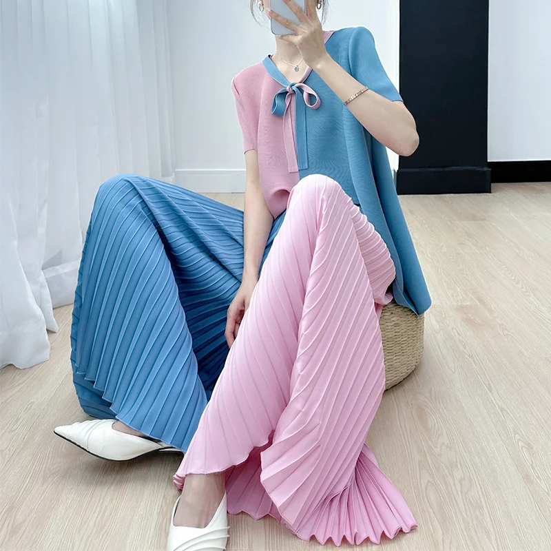 

Fashionable age reducing set women, new summer pleated lace up, gentle versatile short sleeved T-shirt, pleated wide leg pants