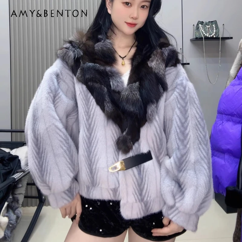 

2025 Winter New Cross Pattern Fox Fur Collar Short Exquisite Jacket Fashionable Casual Woolen Coat Outerwear For Women's Clothes