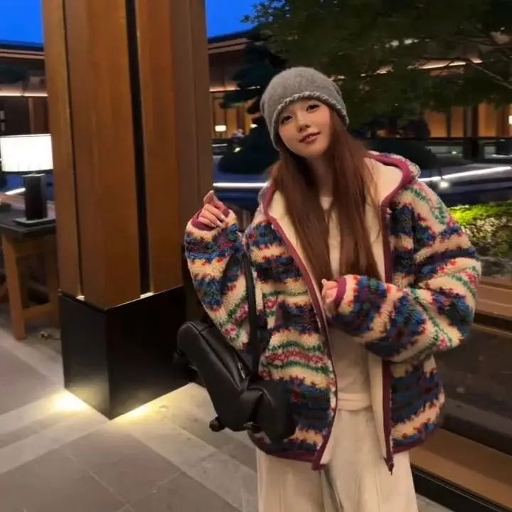 

Gagarich 2026, модная красочная жаккардовая толстовка с капюшоном Fel Island, женская зимняя толстая флисовая теплая верхняя куртка в ленивом стиле