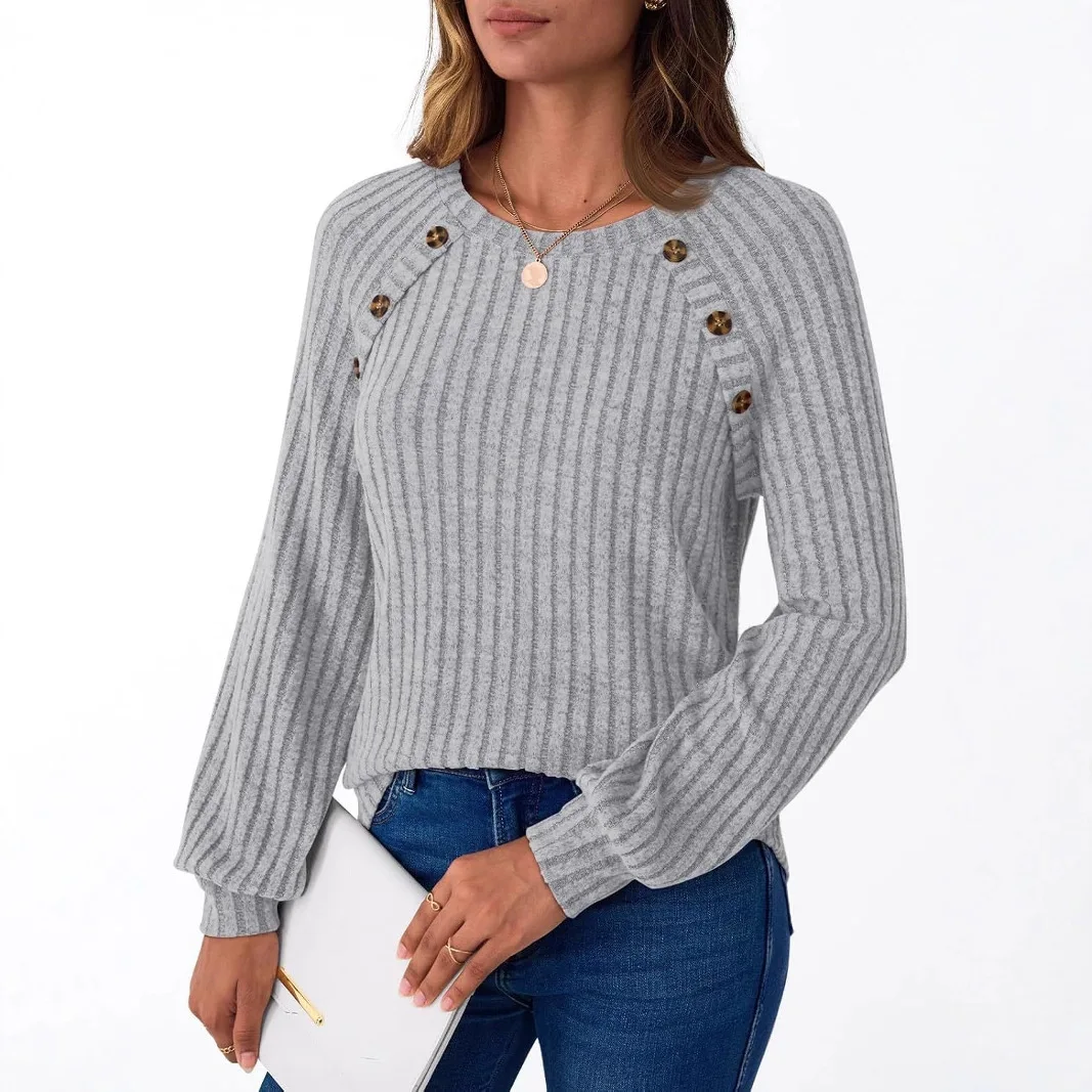 

Western Style Women's Clothing Solid Color Pit Striped Button Round Neck Long Sleeved Casual Loose Pullover Sweater for Women