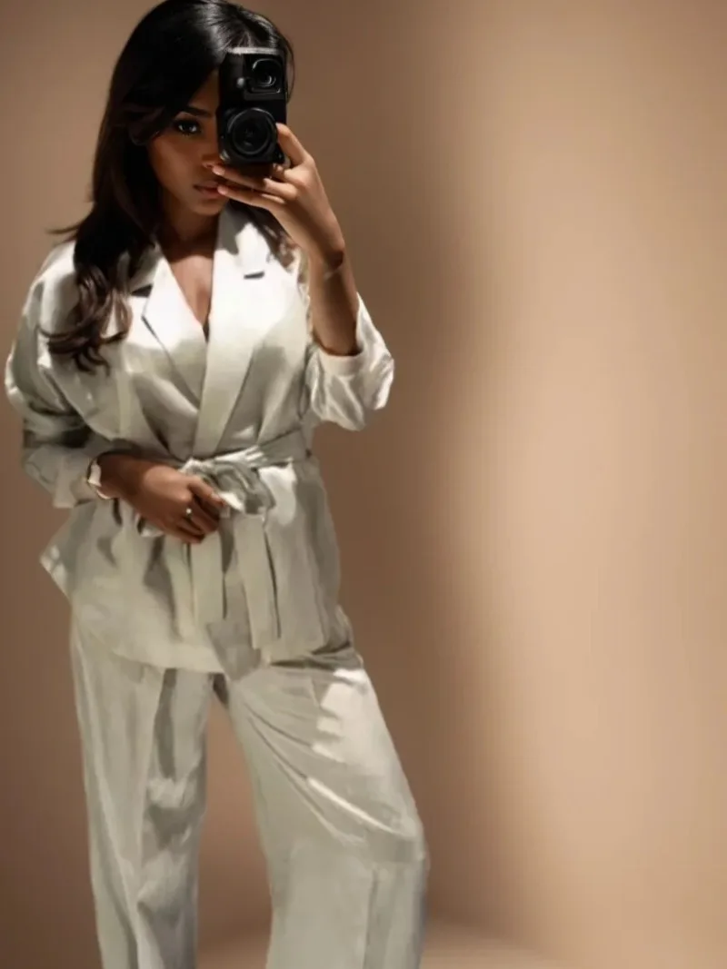 

Autumn Elegant Women's Set Solid Sagging Sense Long Pants Sets For Women 2 Piece With Belt Blazer Coat Set Satin Women's Set