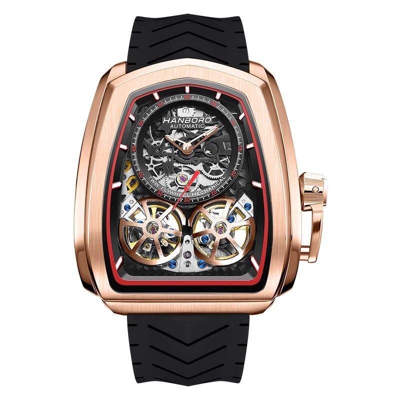 

HANBORO Supercar Series Double Tourbillon Hollow out Fully Automatic Square Mechanical Watch Waterproof Luminous Silicon Tape Me