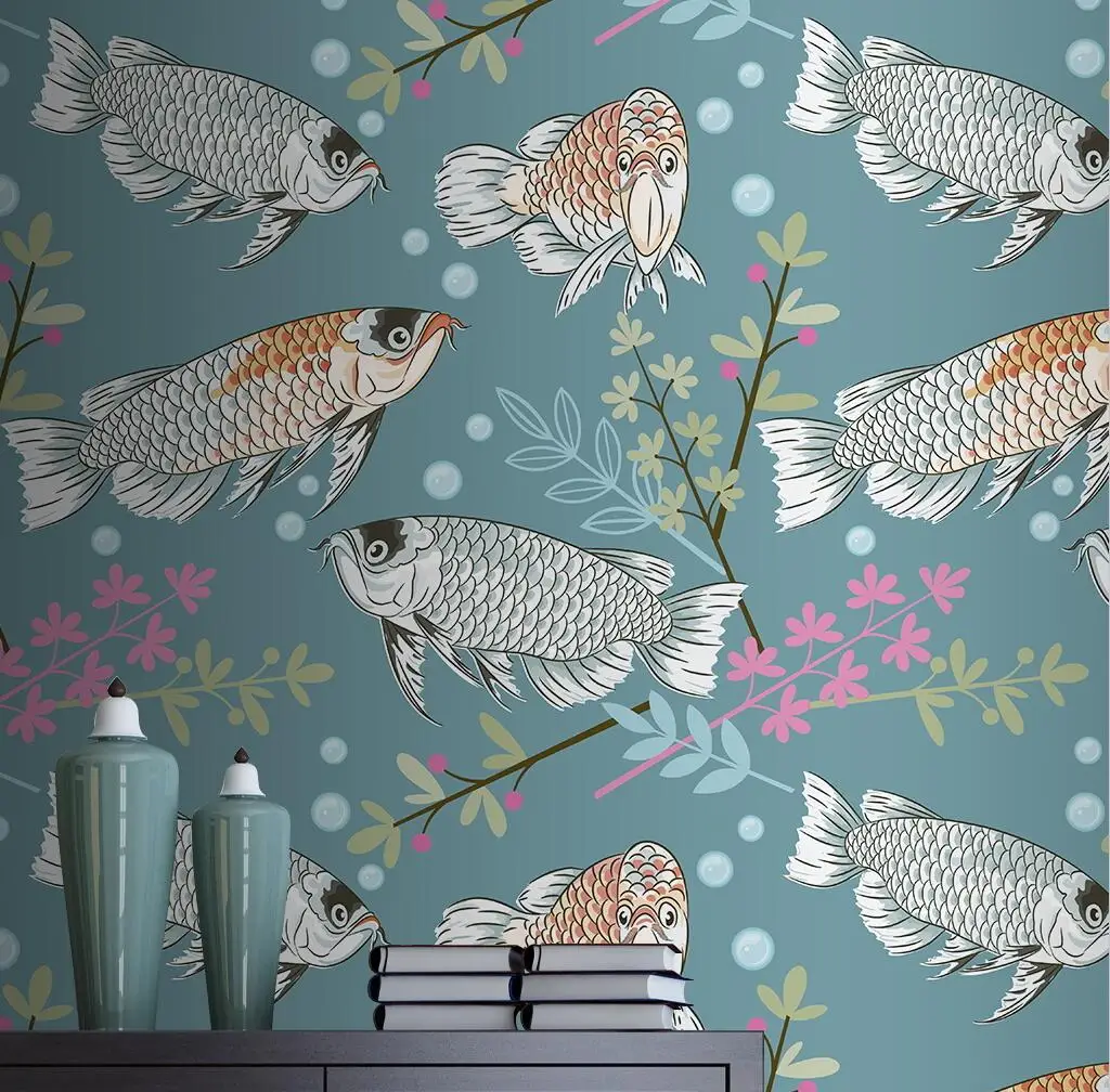 Beibehang Custom Arowana Koi ใต้น้ำ World สัตว์วอลล์เปเปอร์สำหรับห้องนั่งเล่น TV พื้นหลัง Wall ภาพวาดกระดาษสติ๊กเกอร์