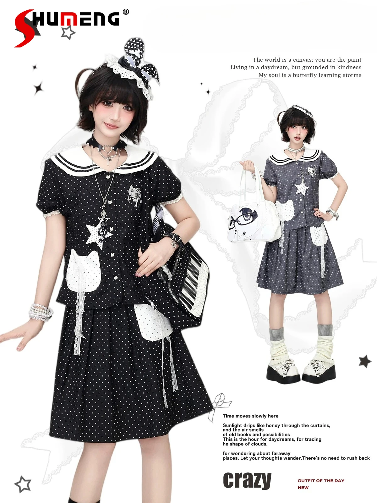 

Japanese Sweet Kawaii Girl Skirts Sets Navy Collar Short Sleeve Dot Shirt Top High Waist A-line Skirt Two-piece Set for Women