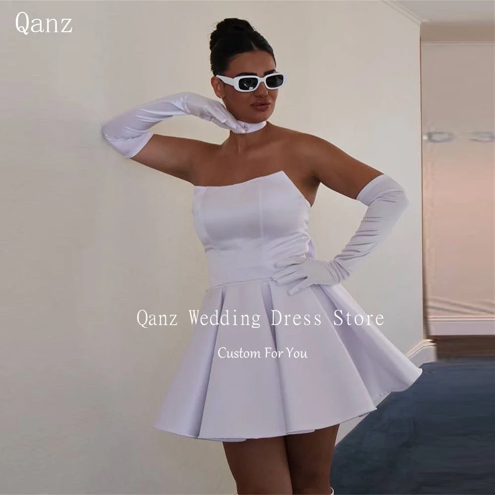 

Qanz Classical White Satin Wedding Dress Short A Line Mini Above Knee Bridal Gowns Strapless Lace Up Back Cocktail Party Dresses