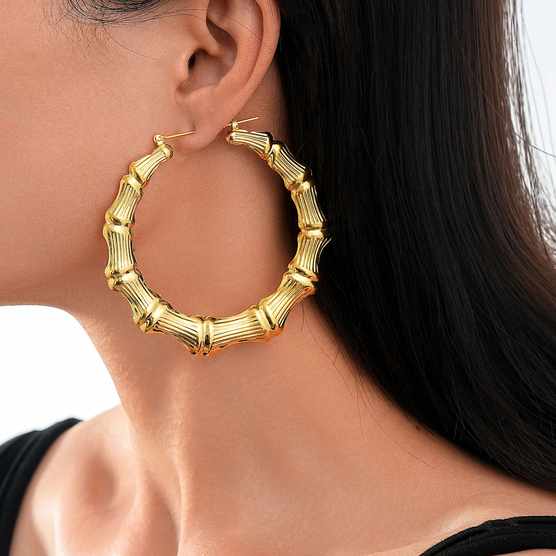 6pcs Cross-Border Fresh Bamboo Joint Earring Set - Niche Creative Hollow, Different Sizes Large Face-Slimming Hoops
