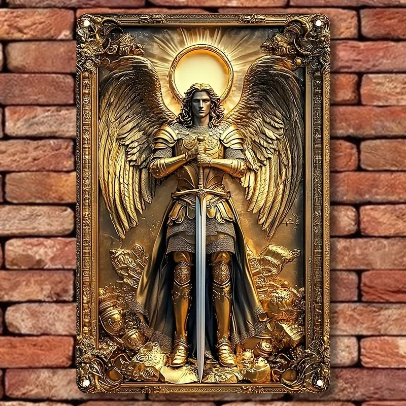 

Golden Archangel Michael Aluminum Wall Art, Square Plate with Ornate Sword & Wings, Classic Decor for Home, 8X12 in/12X18 in 1pc