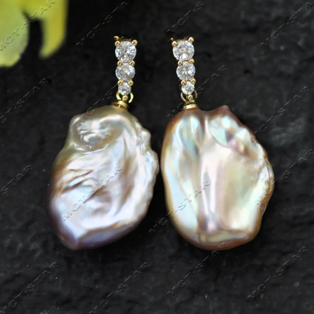 MTC·STAR 22mm Pink Lavender Baroque Lamina Keshi Pearl CZ Bead Dangle Earring (Z14551)