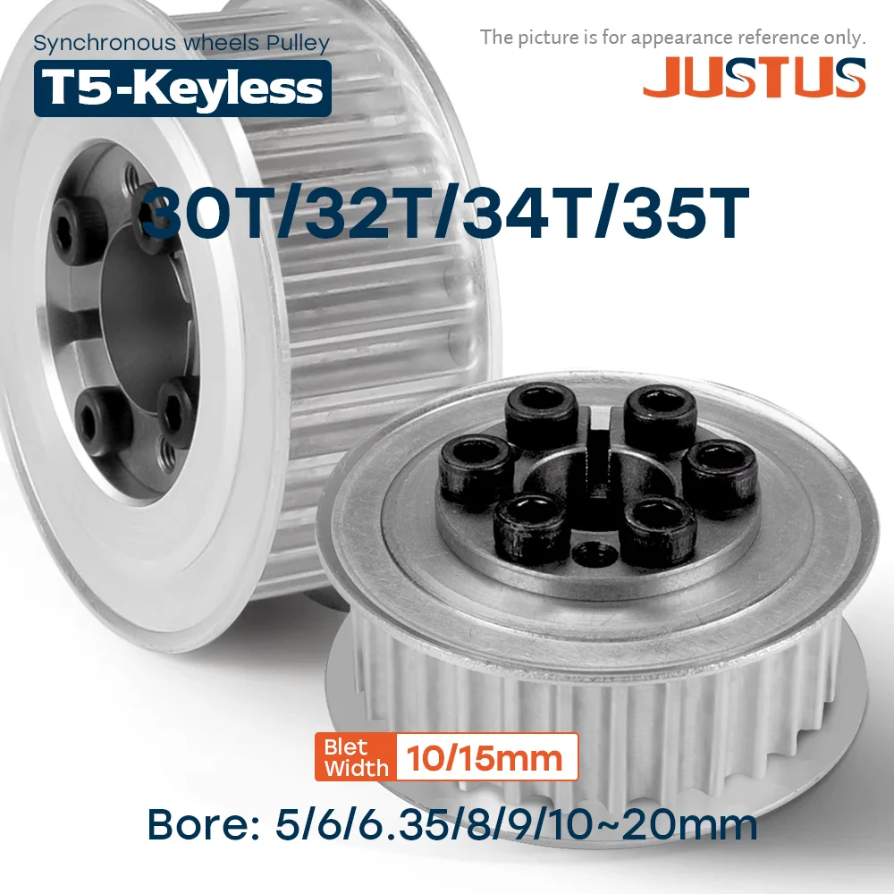T5 Timing Pulley 30T/32T/34T/35 Teeth Keyless Bushing Bore 5-20mm Synchronous Wheel For T5 Belt Width 10/15mm Trapezoidal Tooth